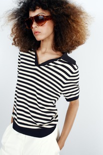 zara KURZÄRMLIGES GESTREIFTES STRICK-POLOSHIRT